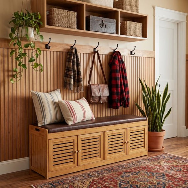 English Elm Bamboo Entryway Shoe Cabinet with Slatted Doors Slim Low Profile Bench Natural Finish W2641P565387