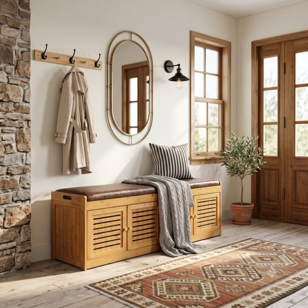English Elm Bamboo Entryway Shoe Cabinet with Slatted Doors Slim Low Profile Bench Natural Finish W2641P565387