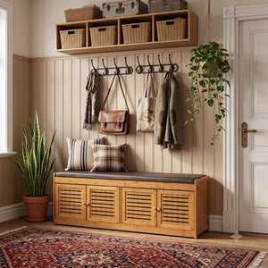 English Elm Bamboo Entryway Shoe Cabinet with Slatted Doors Slim Low Profile Bench Natural Finish W2641P565387