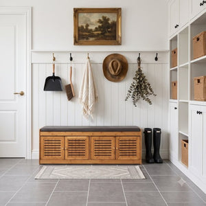 English Elm Bamboo Entryway Shoe Cabinet with Slatted Doors Slim Low Profile Bench Natural Finish W2641P565387