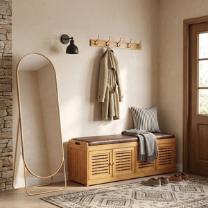 English Elm Bamboo Entryway Shoe Cabinet with Slatted Doors Slim Low Profile Bench Natural Finish W2641P565387