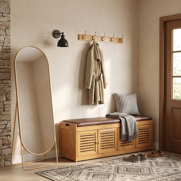 English Elm Bamboo Entryway Shoe Cabinet with Slatted Doors Slim Low Profile Bench Natural Finish W2641P565387