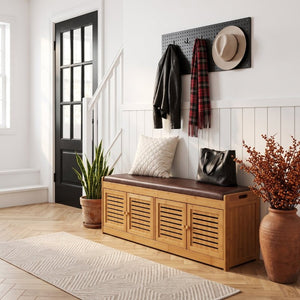 English Elm Bamboo Entryway Shoe Cabinet with Slatted Doors Slim Low Profile Bench Natural Finish W2641P565387