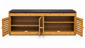 English Elm Bamboo Entryway Shoe Cabinet with Slatted Doors Slim Low Profile Bench Natural Finish W2641P565387