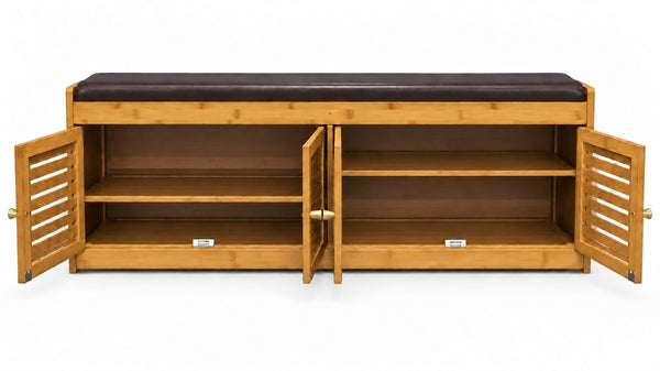 English Elm Bamboo Entryway Shoe Cabinet with Slatted Doors Slim Low Profile Bench Natural Finish W2641P565387