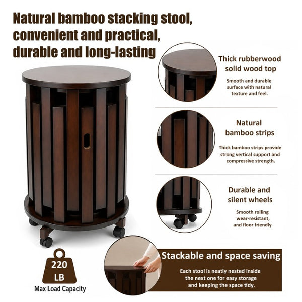 English Elm Stackable Bamboo Stools Set of 6 with Wheeled Nesting Base for Compact Modern Living W2641P566261