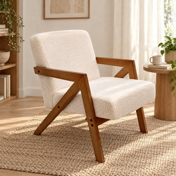 English Elm Single Accent Chair Mid Century Lambswool Seat Solid Rubberwood Frame for Apartments W2641P569021