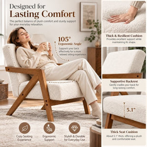 English Elm Single Accent Chair Mid Century Lambswool Seat Solid Rubberwood Frame for Apartments W2641P569021