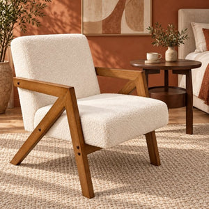 English Elm Single Accent Chair Mid Century Lambswool Seat Solid Rubberwood Frame for Apartments W2641P569021