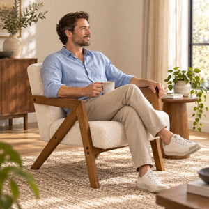 English Elm Single Accent Chair Mid Century Lambswool Seat Solid Rubberwood Frame for Apartments W2641P569021