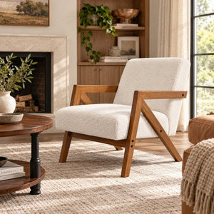 English Elm Single Accent Chair Mid Century Lambswool Seat Solid Rubberwood Frame for Apartments W2641P569021