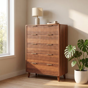 English Elm Tall Narrow Dresser with Fluted Fronts Five Drawers Dark Walnut Mid-Century Modern W2641P582460