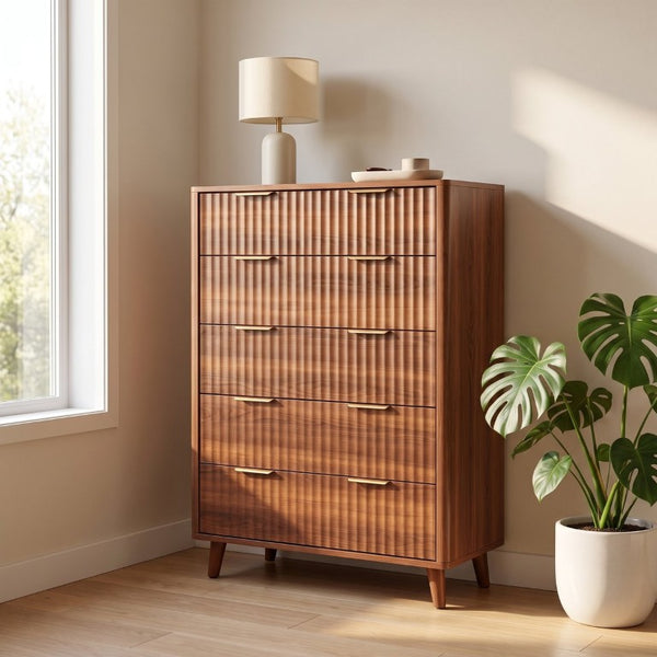 English Elm Tall Narrow Dresser with Fluted Fronts Five Drawers Dark Walnut Mid-Century Modern W2641P582460