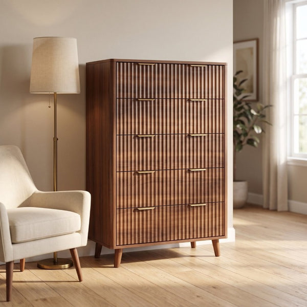 English Elm Tall Narrow Dresser with Fluted Fronts Five Drawers Dark Walnut Mid-Century Modern W2641P582460