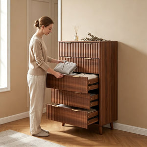 English Elm Tall Narrow Dresser with Fluted Fronts Five Drawers Dark Walnut Mid-Century Modern W2641P582460
