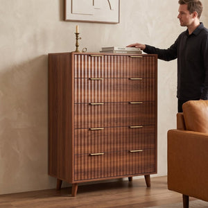 English Elm Tall Narrow Dresser with Fluted Fronts Five Drawers Dark Walnut Mid-Century Modern W2641P582460