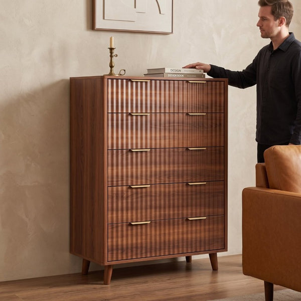 English Elm Tall Narrow Dresser with Fluted Fronts Five Drawers Dark Walnut Mid-Century Modern W2641P582460