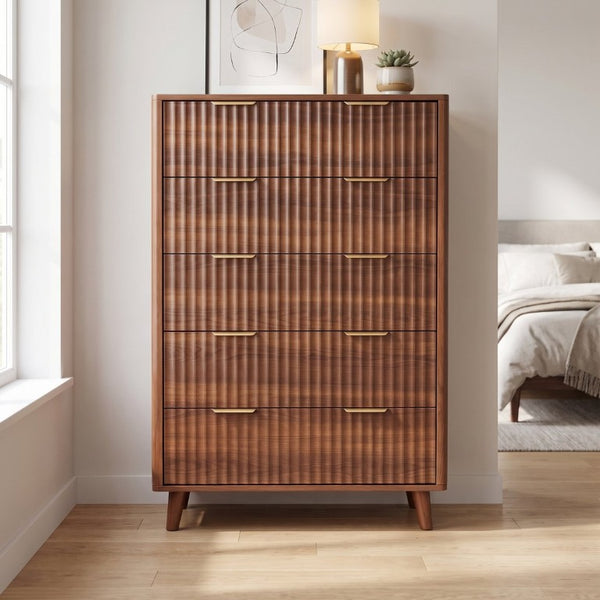 English Elm Tall Narrow Dresser with Fluted Fronts Five Drawers Dark Walnut Mid-Century Modern W2641P582460