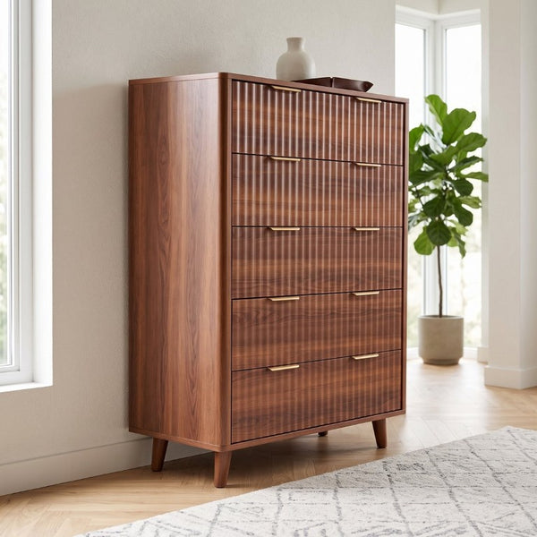 English Elm Tall Narrow Dresser with Fluted Fronts Five Drawers Dark Walnut Mid-Century Modern W2641P582460