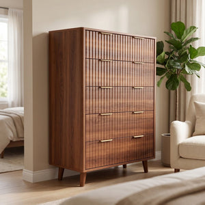 English Elm Tall Narrow Dresser with Fluted Fronts Five Drawers Dark Walnut Mid-Century Modern W2641P582460