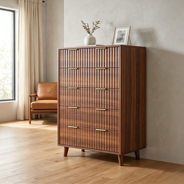 English Elm Tall Narrow Dresser with Fluted Fronts Five Drawers Dark Walnut Mid-Century Modern W2641P582460