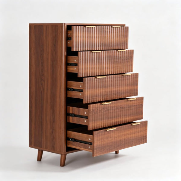 English Elm Tall Narrow Dresser with Fluted Fronts Five Drawers Dark Walnut Mid-Century Modern W2641P582460