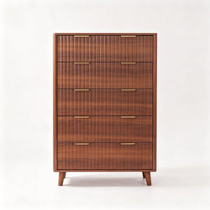 English Elm Tall Narrow Dresser with Fluted Fronts Five Drawers Dark Walnut Mid-Century Modern W2641P582460