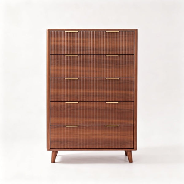 English Elm Tall Narrow Dresser with Fluted Fronts Five Drawers Dark Walnut Mid-Century Modern W2641P582460
