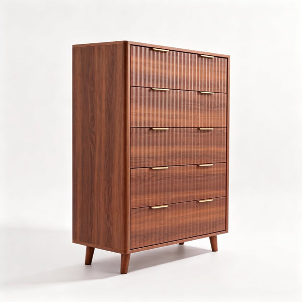 English Elm Tall Narrow Dresser with Fluted Fronts Five Drawers Dark Walnut Mid-Century Modern W2641P582460