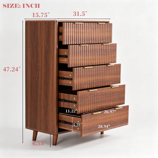 English Elm Tall Narrow Dresser with Fluted Fronts Five Drawers Dark Walnut Mid-Century Modern W2641P582460
