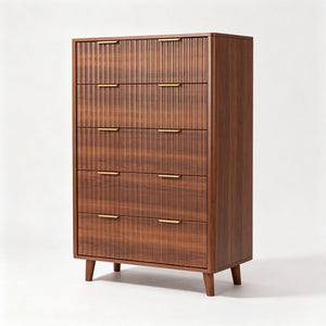 English Elm Tall Narrow Dresser with Fluted Fronts Five Drawers Dark Walnut Mid-Century Modern W2641P582460