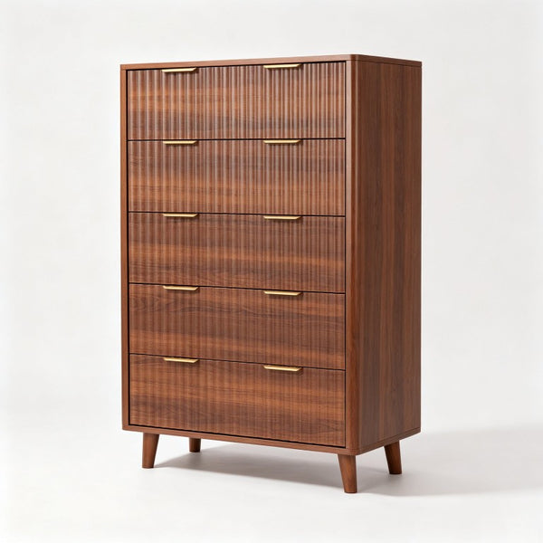 English Elm Tall Narrow Dresser with Fluted Fronts Five Drawers Dark Walnut Mid-Century Modern W2641P582460