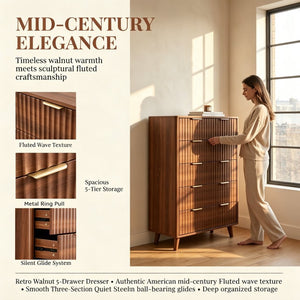 English Elm Tall Narrow Dresser with Fluted Fronts Five Drawers Dark Walnut Mid-Century Modern W2641P582460