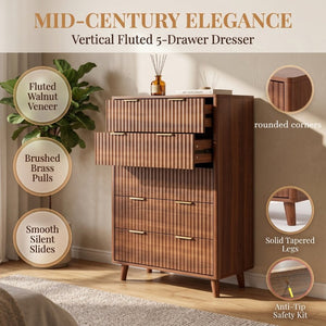 English Elm Tall Narrow Dresser with Fluted Fronts Five Drawers Dark Walnut Mid-Century Modern W2641P582460