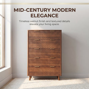 English Elm Tall Narrow Dresser with Fluted Fronts Five Drawers Dark Walnut Mid-Century Modern W2641P582460