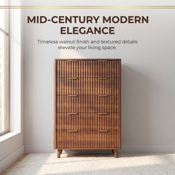 English Elm Tall Narrow Dresser with Fluted Fronts Five Drawers Dark Walnut Mid-Century Modern W2641P582460