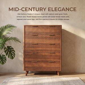 English Elm Tall Narrow Dresser with Fluted Fronts Five Drawers Dark Walnut Mid-Century Modern W2641P582460
