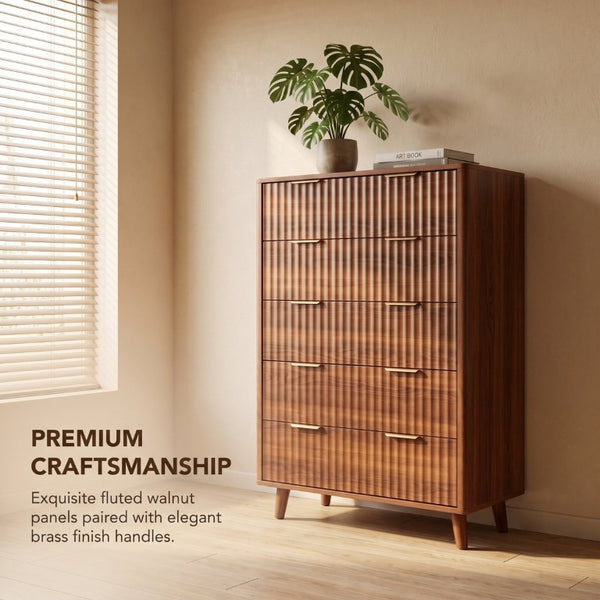 English Elm Tall Narrow Dresser with Fluted Fronts Five Drawers Dark Walnut Mid-Century Modern W2641P582460