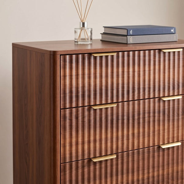 English Elm Tall Narrow Dresser with Fluted Fronts Five Drawers Dark Walnut Mid-Century Modern W2641P582460