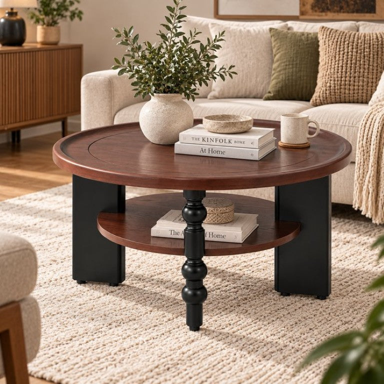 English Elm Round Two Tier Rubberwood Coffee Table with Open Shelf for Compact Living Rooms W2641P595624