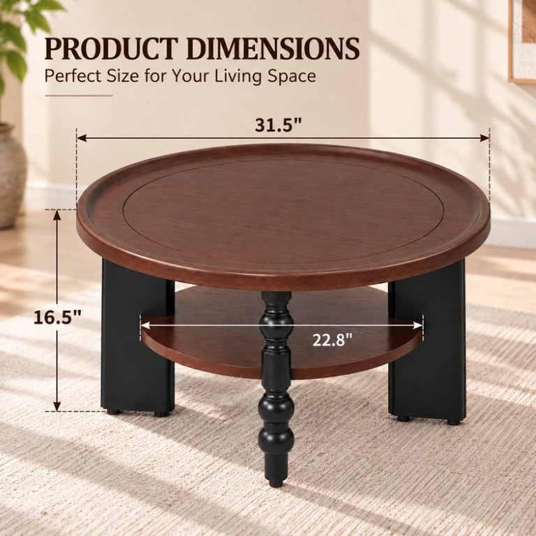 English Elm Round Two Tier Rubberwood Coffee Table with Open Shelf for Compact Living Rooms W2641P595624