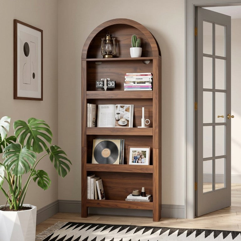 English Elm Behind Door Five Tier Arched Narrow Bookcase Natural Finish Slim Vertical Shelf Unit W2641P601569