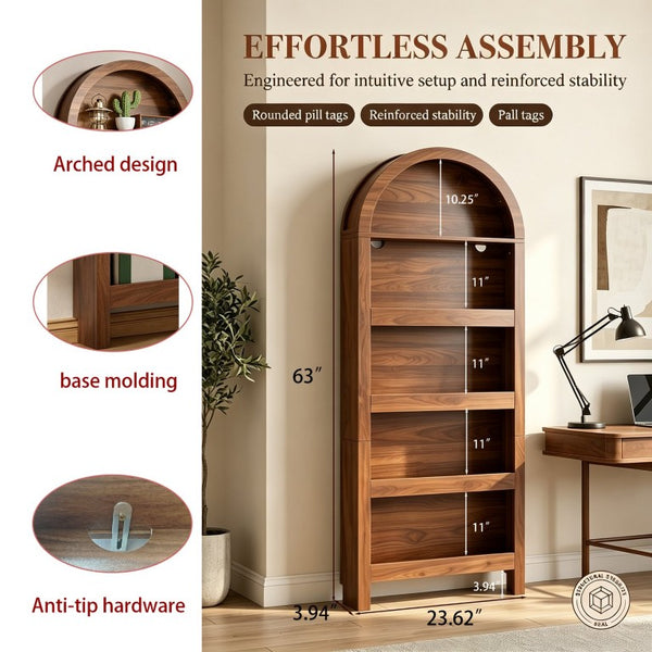 English Elm Behind Door Five Tier Arched Narrow Bookcase Natural Finish Slim Vertical Shelf Unit W2641P601569