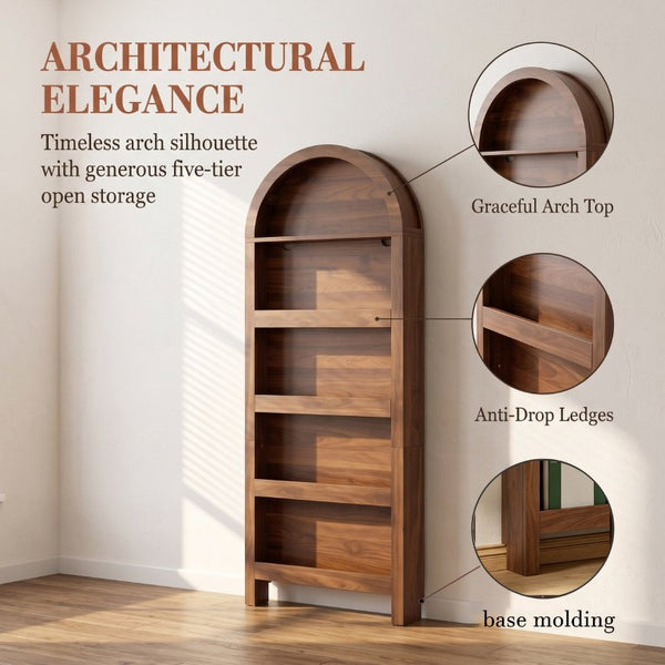 English Elm Behind Door Five Tier Arched Narrow Bookcase Natural Finish Slim Vertical Shelf Unit W2641P601569