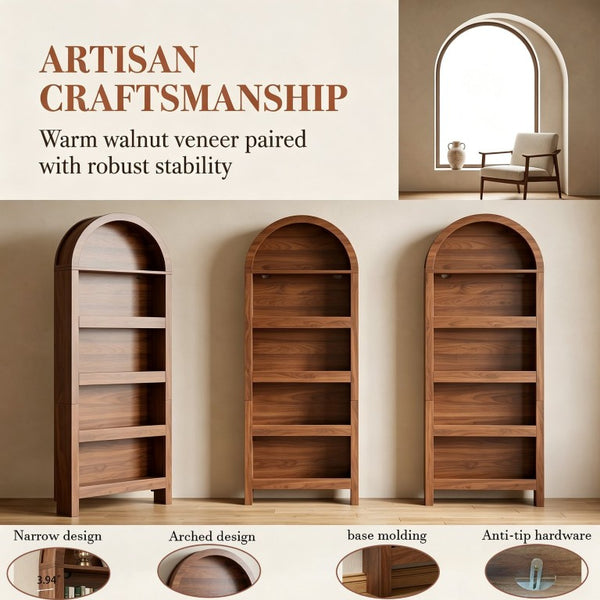 English Elm Behind Door Five Tier Arched Narrow Bookcase Natural Finish Slim Vertical Shelf Unit W2641P601569