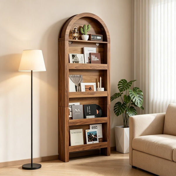 English Elm Behind Door Five Tier Arched Narrow Bookcase Natural Finish Slim Vertical Shelf Unit W2641P601569