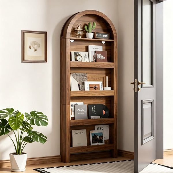 English Elm Behind Door Five Tier Arched Narrow Bookcase Natural Finish Slim Vertical Shelf Unit W2641P601569