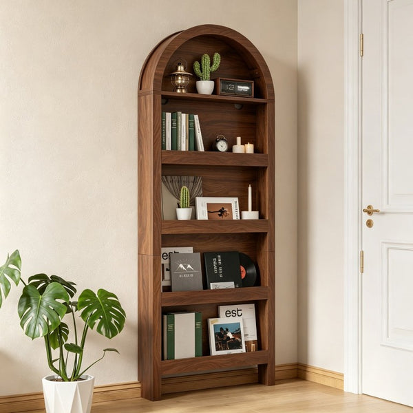 English Elm Behind Door Five Tier Arched Narrow Bookcase Natural Finish Slim Vertical Shelf Unit W2641P601569