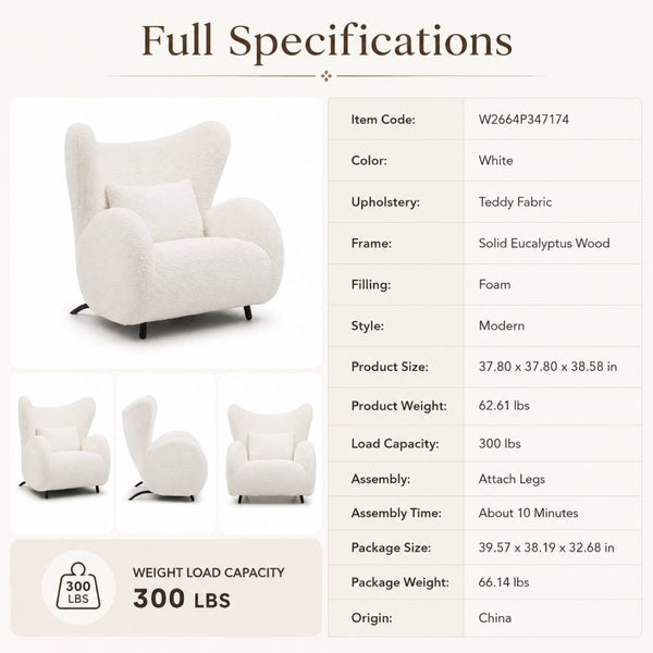 English Elm Modern Teddy Fabric Wingback Accent Chair with Lumbar Pillow for Any Living Space W2664P347174