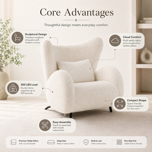 English Elm Modern Teddy Fabric Wingback Accent Chair with Lumbar Pillow for Any Living Space W2664P347174